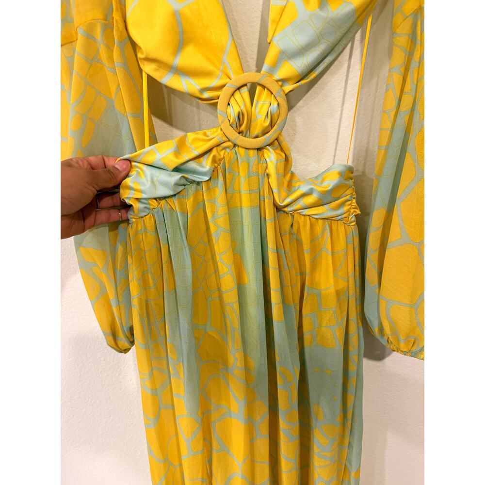 Rhythm Boutique Cutout Plunge Maxi Dress Small Yellow Boho Resort High Slit - Picture 4 of 12